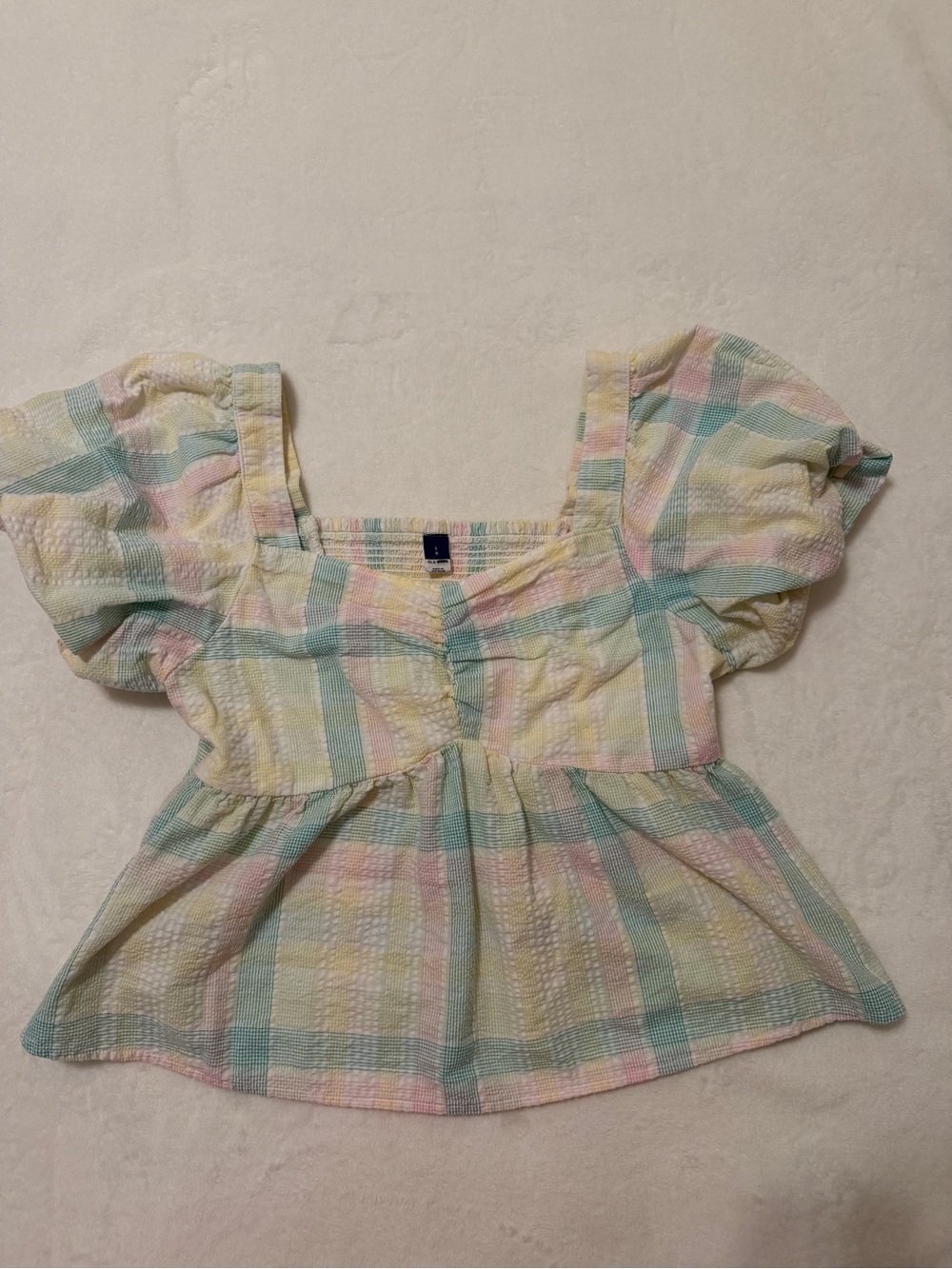 Old Navy Pastel Plaid Puff-Sleeve Peplum Top